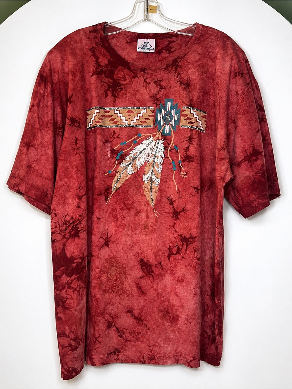Vintage-Inspired Red Tie-Dye Feather Graphic Tee